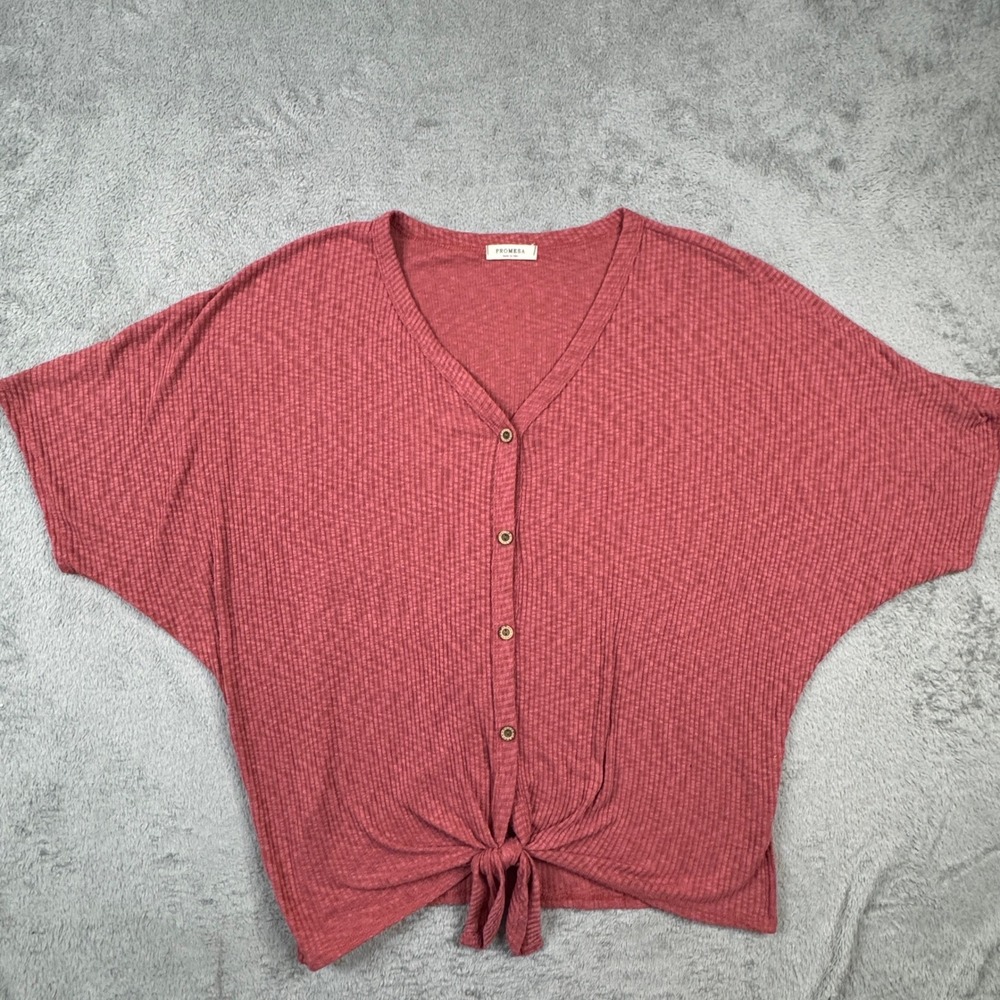 Promesa Rib Knit Tie Front Button Top Womens Rose Pink Dolman Short Sleeve USA
